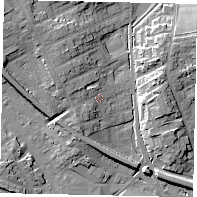 Shaded relief map of the ground around LU31DP, computed from Environment Agency LiDAR. The ground here sits at about 111 m above sea level and falls 18 m across the surrounding 800 m. Surface water reaching this point runs off ground lying to the west, 5.7 m higher.