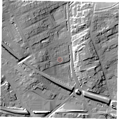 Shaded relief map of the ground around LU31DS, computed from Environment Agency LiDAR. The ground here sits at about 108 m above sea level and falls 21 m across the surrounding 800 m. Surface water reaching this point runs off ground lying to the west, 7.5 m higher.
