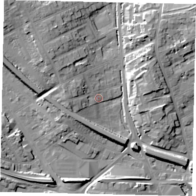Shaded relief map of the ground around LU31DZ, computed from Environment Agency LiDAR. The ground here sits at about 108 m above sea level and falls 19 m across the surrounding 800 m. Surface water reaching this point runs off ground lying to the west, 6.1 m higher.