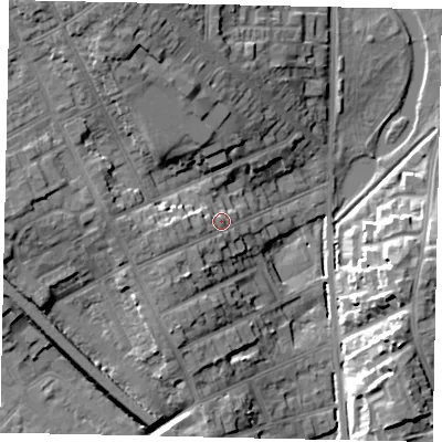 Shaded relief map of the ground around LU31EE, computed from Environment Agency LiDAR. The ground here sits at about 114 m above sea level and falls 19 m across the surrounding 800 m. Surface water reaching this point runs off ground lying to the west-south-west, 4.9 m higher.