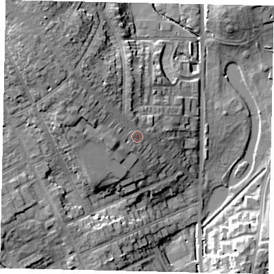 Shaded relief map of the ground around LU31HE, computed from Environment Agency LiDAR. The ground here sits at about 118 m above sea level and falls 21 m across the surrounding 800 m. Surface water reaching this point runs off ground lying to the north-west, 8.3 m higher.