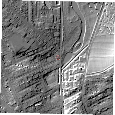 Shaded relief map of the ground around LU31LE, computed from Environment Agency LiDAR. The ground here sits at about 108 m above sea level and falls 20 m across the surrounding 800 m. Surface water reaching this point runs off ground lying to the north-west, 17.0 m higher.