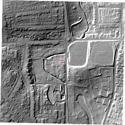 Shaded relief map of the ground around LU31LJ, computed from Environment Agency LiDAR. The ground here sits at about 110 m above sea level and falls 20 m across the surrounding 800 m. Surface water reaching this point runs off ground lying to the south-south-east, 1.7 m higher.