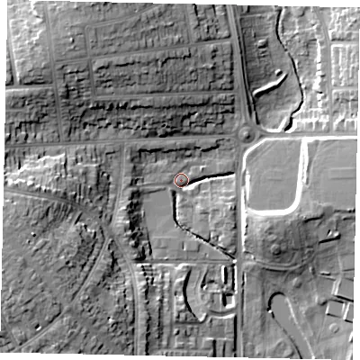 Shaded relief map of the ground around LU31ND, computed from Environment Agency LiDAR. The ground here sits at about 109 m above sea level and falls 21 m across the surrounding 800 m. Surface water reaching this point runs off ground lying to the north-north-west, 15.7 m higher.