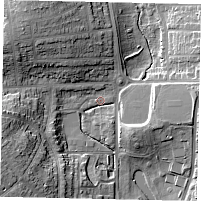 Shaded relief map of the ground around LU31NE, computed from Environment Agency LiDAR. The ground here sits at about 109 m above sea level and falls 21 m across the surrounding 800 m. Surface water reaching this point runs off ground lying to the north-west, 15.7 m higher.