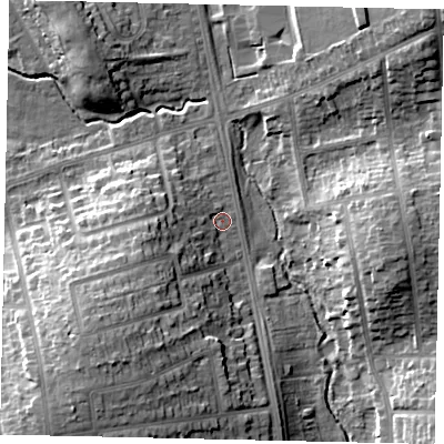 Shaded relief map of the ground around LU31NH, computed from Environment Agency LiDAR. The ground here sits at about 110 m above sea level and falls 16 m across the surrounding 800 m. Surface water reaching this point runs off ground lying to the west-south-west, 8.7 m higher.