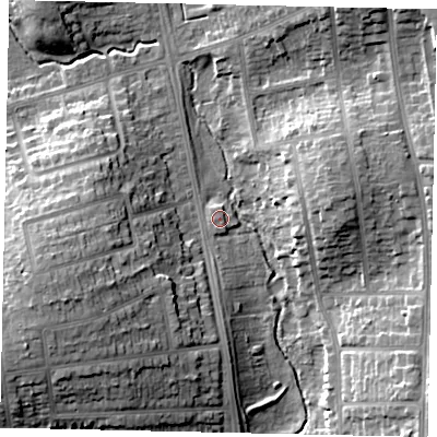 Shaded relief map of the ground around LU31SD, computed from Environment Agency LiDAR. The ground here sits at about 110 m above sea level and falls 16 m across the surrounding 800 m. Surface water reaching this point runs off ground lying to the south, 4.9 m higher.
