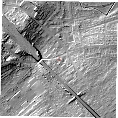 Shaded relief map of the ground around LU31SE, computed from Environment Agency LiDAR. The ground here sits at about 118 m above sea level and falls 15 m across the surrounding 800 m. Surface water reaching this point runs off ground lying to the south-south-east, 9.4 m higher.