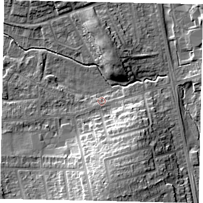 Shaded relief map of the ground around LU31TZ, computed from Environment Agency LiDAR. The ground here sits at about 110 m above sea level and falls 16 m across the surrounding 800 m. Surface water reaching this point runs off ground lying to the south-east, 10.3 m higher.