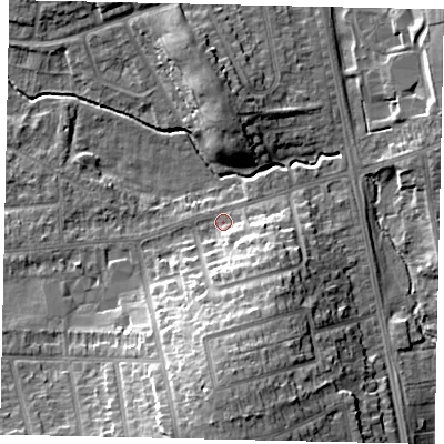 Shaded relief map of the ground around LU31UB, computed from Environment Agency LiDAR. The ground here sits at about 110 m above sea level and falls 16 m across the surrounding 800 m. Surface water reaching this point runs off ground lying to the south-east, 6.8 m higher.