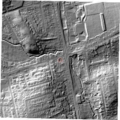 Shaded relief map of the ground around LU31UD, computed from Environment Agency LiDAR. The ground here sits at about 109 m above sea level and falls 16 m across the surrounding 800 m. Surface water reaching this point runs off ground lying to the south-south-west, 9.0 m higher.