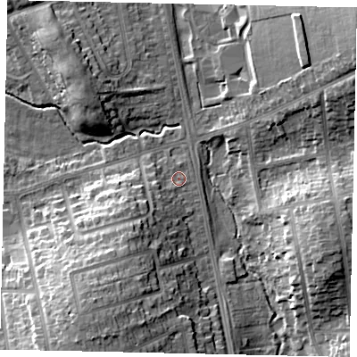 Shaded relief map of the ground around LU31UE, computed from Environment Agency LiDAR. The ground here sits at about 110 m above sea level and falls 16 m across the surrounding 800 m. Surface water reaching this point runs off ground lying to the south-west, 3.6 m higher.