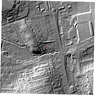 Shaded relief map of the ground around LU31UG, computed from Environment Agency LiDAR. The ground here sits at about 110 m above sea level and falls 14 m across the surrounding 800 m. Surface water reaching this point runs off ground lying to the west-north-west, 5.8 m higher.