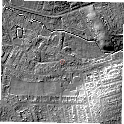 Shaded relief map of the ground around LU31UJ, computed from Environment Agency LiDAR. The ground here sits at about 111 m above sea level and falls 15 m across the surrounding 800 m. Surface water reaching this point runs off ground lying to the south-west, 0.7 m higher.