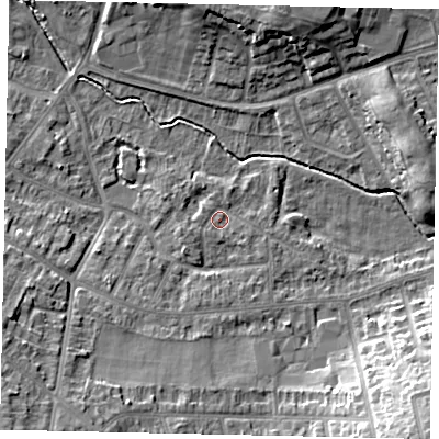 Shaded relief map of the ground around LU31UL, computed from Environment Agency LiDAR. The ground here sits at about 111 m above sea level and falls 15 m across the surrounding 800 m. Surface water reaching this point runs off ground lying to the south-west, 10.0 m higher.