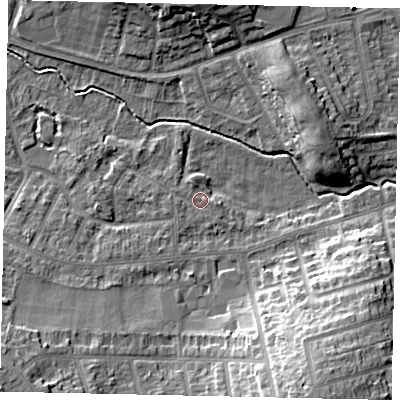Shaded relief map of the ground around LU31UN, computed from Environment Agency LiDAR. The ground here sits at about 110 m above sea level and falls 15 m across the surrounding 800 m. Surface water reaching this point runs off ground lying to the west-south-west, 1.6 m higher.
