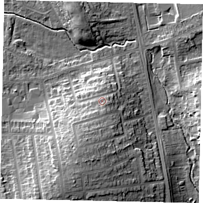 Shaded relief map of the ground around LU31UQ, computed from Environment Agency LiDAR. The ground here sits at about 118 m above sea level and falls 16 m across the surrounding 800 m. Surface water reaching this point runs off ground lying to the south, 2.2 m higher.