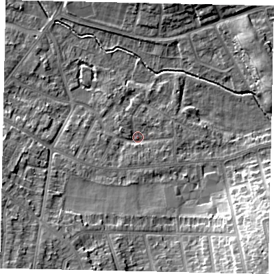 Shaded relief map of the ground around LU31UU, computed from Environment Agency LiDAR. The ground here sits at about 110 m above sea level and falls 15 m across the surrounding 800 m. Surface water reaching this point runs off ground lying to the south-west, 11.1 m higher.