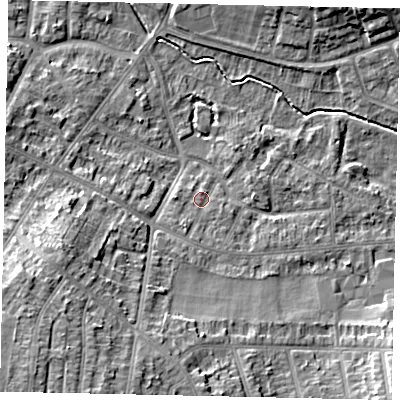 Shaded relief map of the ground around LU31UY, computed from Environment Agency LiDAR. The ground here sits at about 112 m above sea level and falls 15 m across the surrounding 800 m. Surface water reaching this point runs off ground lying to the south-south-west, 1.7 m higher.