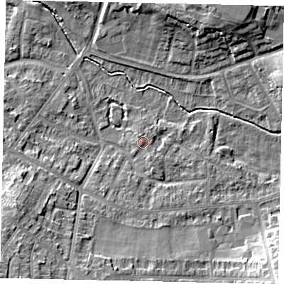 Shaded relief map of the ground around LU31UZ, computed from Environment Agency LiDAR. The ground here sits at about 111 m above sea level and falls 15 m across the surrounding 800 m. Surface water reaching this point runs off ground lying to the north-north-west, 0.9 m higher.