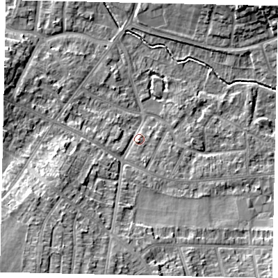 Shaded relief map of the ground around LU31XA, computed from Environment Agency LiDAR. The ground here sits at about 112 m above sea level and falls 16 m across the surrounding 800 m. Surface water reaching this point runs off ground lying to the south-west, 13.1 m higher.