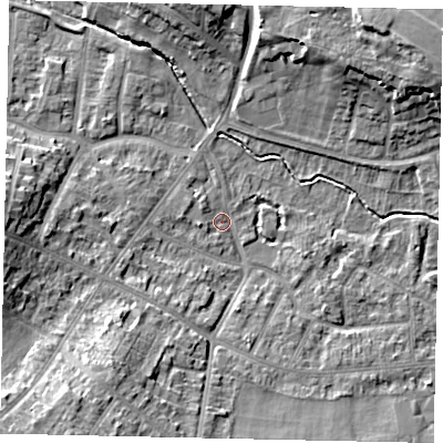 Shaded relief map of the ground around LU31XB, computed from Environment Agency LiDAR. The ground here sits at about 111 m above sea level and falls 14 m across the surrounding 800 m. Surface water reaching this point runs off ground lying to the west-north-west, 1.7 m higher.