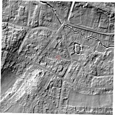 Shaded relief map of the ground around LU31XD, computed from Environment Agency LiDAR. The ground here sits at about 111 m above sea level and falls 15 m across the surrounding 800 m. Surface water reaching this point runs off ground lying to the south-west, 12.9 m higher.