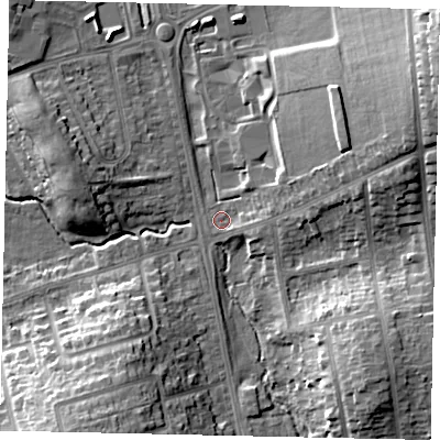Shaded relief map of the ground around LU32AA, computed from Environment Agency LiDAR. The ground here sits at about 110 m above sea level and falls 16 m across the surrounding 800 m. Surface water reaching this point runs off ground lying to the north-east, 12.7 m higher.