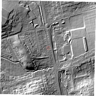 Shaded relief map of the ground around LU32AB, computed from Environment Agency LiDAR. The ground here sits at about 110 m above sea level and falls 12 m across the surrounding 800 m. Surface water reaching this point runs off ground lying to the west, 5.9 m higher.