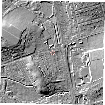 Shaded relief map of the ground around LU32AD, computed from Environment Agency LiDAR. The ground here sits at about 111 m above sea level and falls 12 m across the surrounding 800 m. Surface water reaching this point runs off ground lying to the south-south-west, 5.4 m higher.