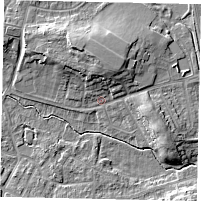 Shaded relief map of the ground around LU32AG, computed from Environment Agency LiDAR. The ground here sits at about 111 m above sea level and falls 12 m across the surrounding 800 m. Surface water reaching this point runs off ground lying to the north-north-west, 9.4 m higher.
