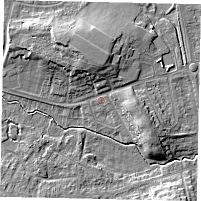 Shaded relief map of the ground around LU32AJ, computed from Environment Agency LiDAR. The ground here sits at about 111 m above sea level and falls 12 m across the surrounding 800 m. Surface water reaching this point runs off ground lying to the north-north-west, 7.8 m higher.