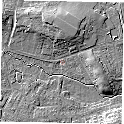 Shaded relief map of the ground around LU32AL, computed from Environment Agency LiDAR. The ground here sits at about 110 m above sea level and falls 12 m across the surrounding 800 m. Surface water reaching this point runs off ground lying to the north, 9.4 m higher.