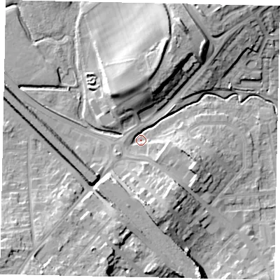 Shaded relief map of the ground around LU32AN, computed from Environment Agency LiDAR. The ground here sits at about 114 m above sea level and falls 17 m across the surrounding 800 m. Surface water reaching this point runs off ground lying to the east-south-east, 8.6 m higher.