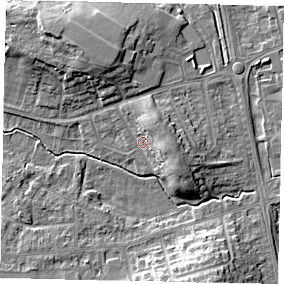 Shaded relief map of the ground around LU32AR, computed from Environment Agency LiDAR. The ground here sits at about 111 m above sea level and falls 12 m across the surrounding 800 m. Surface water reaching this point runs off ground lying to the north-east, 5.3 m higher.