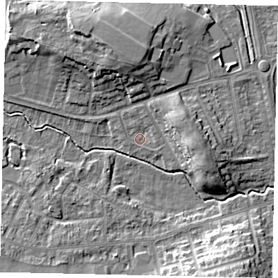 Shaded relief map of the ground around LU32AS, computed from Environment Agency LiDAR. The ground here sits at about 110 m above sea level and falls 12 m across the surrounding 800 m. Surface water reaching this point runs off ground lying to the north-north-west, 9.8 m higher.