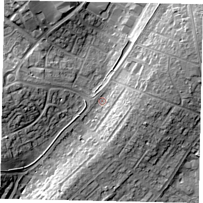 Shaded relief map of the ground around LU32BU, computed from Environment Agency LiDAR. The ground here sits at about 116 m above sea level and falls 13 m across the surrounding 800 m. Surface water reaching this point runs off ground lying to the east-north-east, 11.2 m higher.