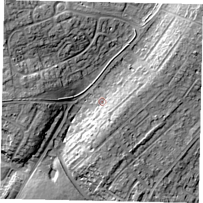 Shaded relief map of the ground around LU32DB, computed from Environment Agency LiDAR. The ground here sits at about 116 m above sea level and falls 14 m across the surrounding 800 m. Surface water reaching this point runs off ground lying to the west, 9.7 m higher.