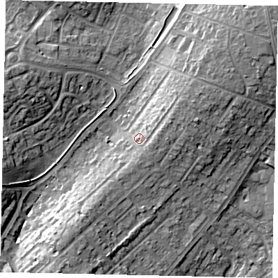 Shaded relief map of the ground around LU32DP, computed from Environment Agency LiDAR. The ground here sits at about 118 m above sea level and falls 14 m across the surrounding 800 m. Surface water reaching this point runs off ground lying to the north-east, 6.8 m higher.