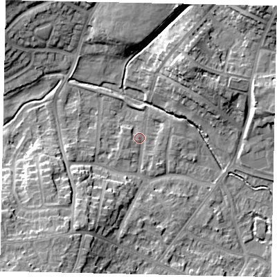 Shaded relief map of the ground around LU32EH, computed from Environment Agency LiDAR. The ground here sits at about 112 m above sea level and falls 14 m across the surrounding 800 m. Surface water reaching this point runs off ground lying to the south-west, 10.5 m higher.