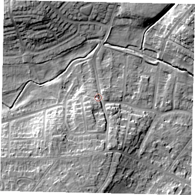 Shaded relief map of the ground around LU32JG, computed from Environment Agency LiDAR. The ground here sits at about 114 m above sea level and falls 14 m across the surrounding 800 m. Surface water reaching this point runs off ground lying to the south, 7.9 m higher.