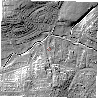 Shaded relief map of the ground around LU32JJ, computed from Environment Agency LiDAR. The ground here sits at about 112 m above sea level and falls 14 m across the surrounding 800 m. Surface water reaching this point runs off ground lying to the south, 8.9 m higher.
