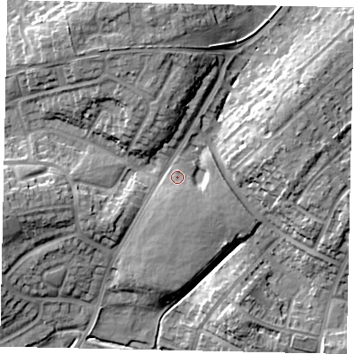 Shaded relief map of the ground around LU32JR, computed from Environment Agency LiDAR. The ground here sits at about 117 m above sea level and falls 15 m across the surrounding 800 m. Surface water reaching this point runs off ground lying to the west-south-west, 3.8 m higher.