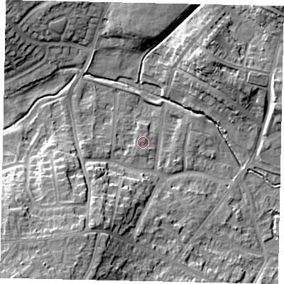 Shaded relief map of the ground around LU32LJ, computed from Environment Agency LiDAR. The ground here sits at about 112 m above sea level and falls 13 m across the surrounding 800 m. Surface water reaching this point runs off ground lying to the south-west, 9.8 m higher.