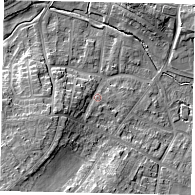 Shaded relief map of the ground around LU32LS, computed from Environment Agency LiDAR. The ground here sits at about 113 m above sea level and falls 16 m across the surrounding 800 m. Surface water reaching this point runs off ground lying to the west-south-west, 7.2 m higher.
