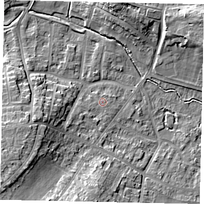 Shaded relief map of the ground around LU32LT, computed from Environment Agency LiDAR. The ground here sits at about 112 m above sea level and falls 15 m across the surrounding 800 m. Surface water reaching this point runs off ground lying to the south-west, 1.8 m higher.