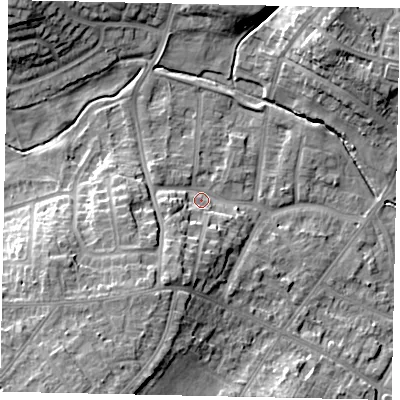 Shaded relief map of the ground around LU32LU, computed from Environment Agency LiDAR. The ground here sits at about 113 m above sea level and falls 14 m across the surrounding 800 m. Surface water reaching this point runs off ground lying to the south-south-west, 8.8 m higher.