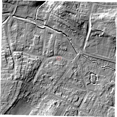Shaded relief map of the ground around LU32LX, computed from Environment Agency LiDAR. The ground here sits at about 111 m above sea level and falls 15 m across the surrounding 800 m. Surface water reaching this point runs off ground lying to the west-south-west, 10.6 m higher.