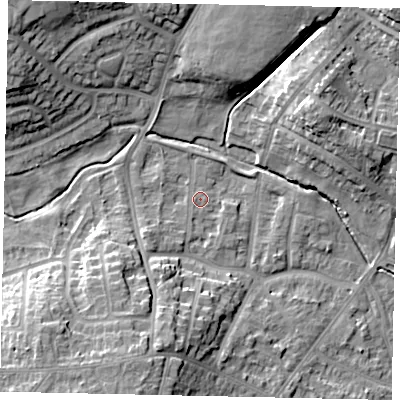 Shaded relief map of the ground around LU32LY, computed from Environment Agency LiDAR. The ground here sits at about 112 m above sea level and falls 14 m across the surrounding 800 m. Surface water reaching this point runs off ground lying to the south-west, 2.6 m higher.