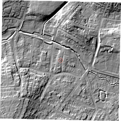 Shaded relief map of the ground around LU32LZ, computed from Environment Agency LiDAR. The ground here sits at about 112 m above sea level and falls 14 m across the surrounding 800 m. Surface water reaching this point runs off ground lying to the north-north-east, 0.8 m higher.